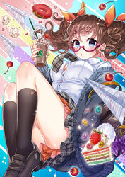  bag bag_charm black_footwear black_legwear blue_eyes blush bow brand_name_imitation breasts brown_hair button_gap cake cake_slice candy charm_(object) cherry coffee coga commentary_request cup doughnut drinking_straw female food froot_loops fruit full_body glasses grey_jacket hairbow hand_in_pocket heart holding holding_cup iced_coffee jacket kneehighs knees_up large_breasts looking_at_viewer moe2019 necktie orange_bow paper_airplane penny_loafers photoshop_(medium) pink-framed_eyewear plaid plaid_neckwear plaid_skirt purple_bow school_bag school_uniform shirt short_twintails skirt socks sprinkles strawberry sweets twintails white_shirt 