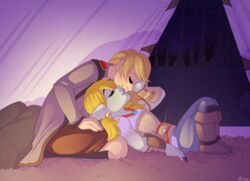  2017 blonde_hair camping closed_eyes clothed clothing colored duo female female/female goblin green_body green_skin hair human human_on_humanoid humanoid interspecies kissing mammal not_furry orange_hair romantic romantic_ambiance romantic_couple runescape shion_(mileymouse) size_difference strawberryneko tent zanik 