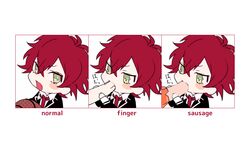  1boy ball basketball blush chibi collared_shirt diabolik_lovers eating fangs finger_sucking flat_color food green_eyes kiri_(qoo) looking_at_viewer male_focus necktie open_mouth red_hair sakamaki_ayato school_uniform simple_background solo_focus uniform vampire white_background 