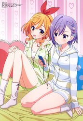  2girls :d absurdres bed_sheet blush breasts brown_eyes cleavage collarbone digital_media_player earphones frilled_pillow frills grey_legwear hair_behind_ear hair_between_eyes hair_ornament hairband hand_on_own_knee heart heart-shaped_pillow heart_print highres holding hood hooded_jacket indoors ipod jacket knees_up legs_together looking_at_another loungewear magazine_scan medium_breasts megami_magazine mukae_uori multiple_girls murakami_ayaka musical_note musical_note_print nail_polish official_art on_bed ongaku_shoujo open_mouth orange_hair pajamas pastel_colors pigeon-toed pillow pink_nails polka_dot_pillow print_jacket purple_eyes purple_hair red_hairband scan shared_earphones shirt short_hair short_shorts shorts sitting smile sock_ornament socks striped_clothes striped_jacket tongue wallpaper_(object) white_polka_dots white_shirt yamadagi_hanako yokozuwari 