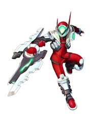  1boy blaster_master_zero boots fingerless_gloves full_body gloves helmet incoming_attack jacket jason_frudnick male_focus natsume_yuji official_art pants photoshop_(medium) red_gloves red_jacket red_pants simple_background solo weapon white_background 