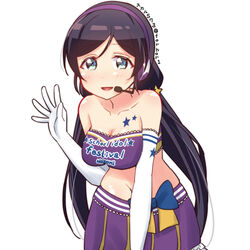  bandeau cheerleader commentary_request elbow_gloves female gloves green_eyes headset korean_commentary leaning_forward long_hair love_live! love_live!_school_idol_project microphone midriff purple_hair skull573 solo takaramonozu tojo_nozomi twintails 