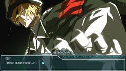  1boy admiral_(kancolle) anchor_symbol armband black_hat black_jacket blonde_hair blue_eyes character_name clenched_teeth commentary_request dark_background dialogue_box dies_irae fake_screenshot gloves glowing glowing_eye hat highres jacket jacket_on_shoulders kantai_collection light_trail looking_at_viewer male_focus military_hat parted_lips peaked_cap red_armband reinhard_heydrich_(dies_irae) shaded_face shinza_bansho_series shirt short_hair solo teeth tnk_(p_freaks) translated two-tone_hat white_gloves white_hat white_shirt white_trim 