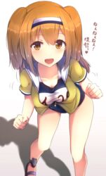  breasts brown_eyes clothes_writing collarbone commentary_request cuon_(kuon) female hairband i-26_(kancolle) kantai_collection large_breasts leaning_forward light_brown_hair long_hair looking_at_viewer name_tag open_clothes open_mouth sailor_collar sandals school_swimsuit shadow short_sleeves smile solo swimsuit swimsuit_under_clothes translated two-tone_hairband two_side_up zipper 