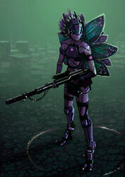  3_fingers ambiguous_gender armband armor clothed clothing colorzblind digitigrade elemental_creature elemental_humanoid fingers flora_fauna floran flower gun headgear helmet hi_res humanoid midriff plant plant_humanoid portrait ranged_weapon rifle simple_background solo standing starbound weapon 