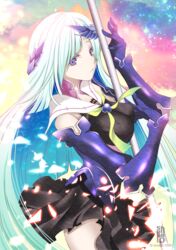  bad_id bad_pixiv_id blue_hair breasts brynhildr_(fate) brynhildr_romantia commentary_request dress fate/grand_order fate/prototype fate/prototype:_fragments_of_blue_and_silver fate_(series) female gauntlets headpiece large_breasts long_hair looking_at_viewer polearm purple_eyes sailor_dress sheepd solo spear very_long_hair weapon 