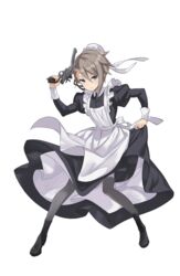  ange_(princess_principal) black_footwear black_thighhighs blue_eyes boots braid female frown full_body grey_hair gun handgun hat highres holding holding_gun holding_weapon maid makaria official_art princess_principal princess_principal_game_of_mission revolver skirt_hold solo standing thighhighs transparent_background weapon webley-fosbery_automatic_revolver white_hat 