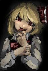  ascot blonde_hair bow commentary_request dark female hairbow head_tilt nurupo_(abooon) oerba_yun_fang open_mouth red_eyes rumia saliva solo tongue tongue_out touhou 