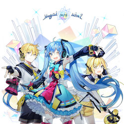  1boy 2girls :d ;d armpits black_gloves black_shorts blonde_hair blue_bow blue_eyes blue_hair blue_skirt bow bowtie commentary_request cowboy_shot detached_sleeves fingerless_gloves gloves hair_between_eyes hair_ornament hairclip hand_in_own_hair hatsune_miku headphones holding holding_microphone kagamine_len kagamine_rin layered_skirt leaning_forward long_hair looking_at_viewer magical_mirai_(vocaloid) magical_mirai_len magical_mirai_len_(2018) magical_mirai_miku magical_mirai_miku_(2018) magical_mirai_rin magical_mirai_rin_(2018) microphone multiple_girls necktie one_eye_closed open_mouth popuru shirt short_hair short_shorts short_sleeves shorts skirt sleeveless sleeveless_shirt smile standing thighhighs twintails very_long_hair vocaloid white_background white_legwear white_shirt yellow_bow yellow_bowtie yellow_necktie yellow_shorts 