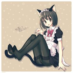  animal_ears apron black_hair black_pantyhose cat_ears cat_tail commentary_request female gusset kimarin looking_at_viewer maid maid_apron maid_headdress original pantyhose puffy_short_sleeves puffy_sleeves short_hair short_sleeves sitting solo tail thighband_pantyhose translation_request 