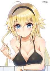  ahoge bare_shoulders bikini black_bikini black_hairband blonde_hair blue_eyes blush breasts cleavage collarbone commentary fate/grand_order fate_(series) female fingernails hair_between_eyes hair_flaps hairband highres jeanne_d&#039;arc_(fate) jeanne_d&#039;arc_(swimsuit_archer)_(fate) jeanne_d&#039;arc_(swimsuit_archer)_(first_ascension)_(fate) large_breasts long_hair looking_at_viewer nayuhi_(yukimuu14) parted_lips signature simple_background solo swimsuit very_long_hair white_background 