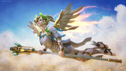  3d absurdres barefoot barefoot_sandals_(jewelry) blonde_hair blue_eyes breasts cleavage cloud ellowas feathered_wings female flying head_wreath high_ponytail highres laurel_crown lips mechanical_wings medium_breasts mercy_(overwatch) official_alternate_costume overwatch overwatch_1 shoes short_hair short_sleeves sky smile solo staff watermark web_address winged_footwear winged_victory_mercy wings 