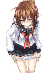  blush bow bow_panties brown_hair collarbone commentary_request embarrassed female folded_ponytail hair_ornament hairclip highres inazuma_(kancolle) kantai_collection kneehighs kurokawa_(silve) long_hair looking_away neckerchief panties panty_pull photoshop_(medium) pleated_skirt pulling_own_clothes sailor_collar school_uniform serafuku sidelocks skirt socks solo standing underwear undressing wavy_mouth white_background white_panties 