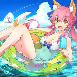  animal_ears bikini breasts cleavage commentary_request fate/extra fate_(series) female food fox_ears fox_tail ice large_breasts navel nero_claudius_(fate) nero_claudius_(fate/extra) ocean official_alternate_costume pink_hair solo swimsuit tail tamamo_(fate) tamamo_no_mae_(fate/extra) tamamo_no_mae_(sexy_bikini)_(fate) yaeko yellow_eyes 