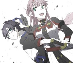  1boy alternate_costume bad_id bad_twitter_id black_gloves black_hair blue_eyes breasts commentary_request couple darling_in_the_franxx fangs female fighting_stance floating_hair gloves green_eyes hair_ornament hairband hiro_(darling_in_the_franxx) holding holding_sheath holding_sword holding_weapon horns leje39 long_hair long_sleeves medium_breasts military military_uniform oni_horns pale_skin pink_hair ready_to_draw red_horns sheath sheathed straight sword sword_art_online sword_art_online_the_movie:_ordinal_scale sword_behind_back sword_on_back uniform weapon weapon_on_back white_hairband zero_two_(darling_in_the_franxx) 