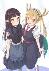  2girls :d apron arm_around_shoulder arm_at_side arms_at_sides asymmetrical_docking black_apron black_dress black_legwear black_neckwear black_ribbon blunt_bangs blush breast_press breasts brown_eyes brown_hair closed_mouth collared_shirt commentary crossover dragon_tail dress english_commentary frilled_apron frilled_sleeves frills frown hair_between_eyes highres hikari_niji isekai_shokudou kobayashi-san_chi_no_maidragon kuro_(isekai_shokudou) lace_background large_breasts leg_up long_hair looking_at_viewer maid maid_headdress mary_janes medium_breasts multiple_girls neck_ribbon necktie no_gloves oerba_yun_fang open_mouth pointy_ears red_necktie ribbon shirt shoes short_sleeves slit_pupils smile standing tail tohru_(maidragon) trait_connection waist_apron waitress white_background white_legwear white_shirt wing_collar 