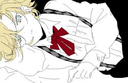  1boy blonde_hair blue_eyes bowtie closed_mouth collared_shirt diabolik_lovers flat_color kiri_(qoo) lolicon lying male_focus mukami_kou on_side partially_colored solo suspenders upper_body younger 