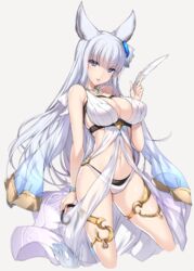  animal_ears arm_behind_back bad_id bad_twitter_id bare_shoulders bikini black_panties blue_eyes blunt_bangs bracelet breasts cleavage commentary_request cowboy_shot cropped_legs erune feathers female granblue_fantasy hair_ornament head_tilt jewelry korwa korwa_(summer)_(granblue_fantasy) large_breasts long_hair looking_at_viewer minamon_(vittel221) navel necklace official_alternate_costume pale_skin panties parted_lips simple_background solo standing swimsuit underwear white_hair 