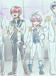  4boys ahoge anger_vein blue_hair commentary_request ensemble_stars! epaulettes fine_(ensemble_stars!) fushimi_yuzuru gloves green_eyes hat himemiya_tori jolaeng-i knights_(ensemble_stars!) korean_commentary male_focus multiple_boys pinching pink_hair purple_eyes red_hair short_hair smile suou_tsukasa top_hat 