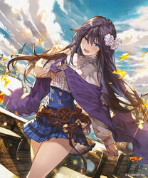  :d black_hair blue_eyes blue_skirt blue_sky commentary_request cowboy_shot day dress_shirt ezusuke female floating_hair flower hair_between_eyes hair_flower hair_ornament high-waist_skirt highres long_hair looking_at_viewer miniskirt open_mouth outdoors photoshop_(medium) pleated_skirt shingeki_no_bahamut shirt skirt sky smile solo standing very_long_hair white_flower white_shirt 