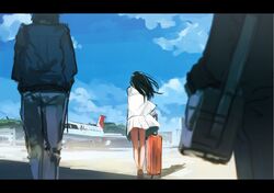  aircraft airplane bag black_hair blue_sky brown_legwear cloud coat commentary_request day denim duplicate female from_behind handbag highres inami_hatoko jeans jet legs_together letterboxed long_hair long_sleeves luggage original outdoors pants rolling_suitcase sailor_collar scenery school_uniform serafuku shirt skirt sky solo_focus standing suitcase white_shirt white_skirt wind wind_lift 