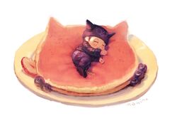  1boy artist_name blueberry blush broken broken_chain brown_hair candy chains chains closed_eyes danganronpa food fruit hat horned_headwear hoshi_ryouma jacket leather leather_jacket lying male_focus manino_(mofuritaionaka) new_danganronpa_v3 on_side pancake pants plate purple_hat shoes sleeping solo strawberry striped striped_pants sweets white_background 