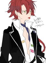  1boy diabolik_lovers green_eyes kiri_(qoo) male_focus necktie red_hair sakamaki_ayato school_uniform simple_background solo tongue tongue_out unbuttoned uniform upper_body white_background 