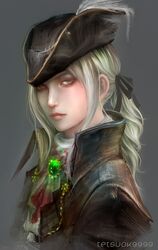  ascot blonde_hair blood bloodborne female gem green_eyes hat lady_maria_of_the_astral_clocktower libs long_hair looking_at_viewer solo tetsuok9999 the_old_hunters 