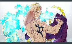  1boy abs blonde_hair blue_eyes blue_fire commentary_request facial_hair fire highres letterboxed male_focus marco_(one_piece) muscular muyukikiyoshi11521 one_piece stubble tattoo 