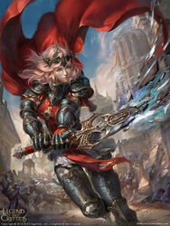  armor armored_boots blue_eyes boots cape cloud commentary copyright_name dated english_commentary faceless faceless_male fantasy female gloves helmet legend_of_the_cryptids long_hair official_art photoshop_(medium) pink_hair polearm sky solo_focus spear sword weapon yu_cheng_hong 