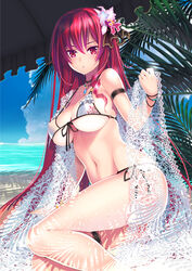  beach beach_umbrella bikini blush breasts bridal_garter cattleya_(flower_knight_girl) choker cleavage coffee_cat commentary_request day female flower flower_knight_girl front-tie_bikini_top front-tie_top hair_flower hair_ornament hair_ribbon jewelry large_breasts long_hair looking_at_viewer necklace outdoors red_eyes red_hair ribbon side-tie_bikini_bottom sitting solo swimsuit umbrella white_bikini 