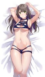  armpits arms_up bad_id bad_pixiv_id bare_arms bare_shoulders barefoot bed_sheet bikini blue_bikini blue_choker blush breasts brown_hair cherim choker closed_mouth female green_eyes groin highres knee_up long_hair looking_at_viewer lying meme_attire mole mole_on_breast mole_on_thigh mole_under_eye navel on_back original rei_no_mizugi sidelocks small_breasts solo stomach swimsuit thighs 