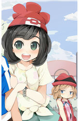  1boy 2girls arm_hug beanie black_hair blue_eyes blush brown_hair commentary_request green_eyes hat jealous multiple_girls open_mouth out_of_frame photoshop_(medium) pokemon pokemon_(anime) pokemon_sm rakkogawa_rinro satoshi_(pokemon) selene_(pokemon) serena_(pokemon) short_hair smile 