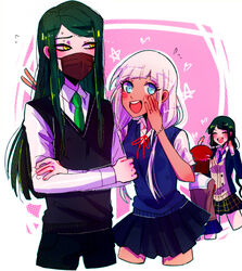  1boy 3girls black_hair blue_eyes blush chabashira_tenko closed_eyes danganronpa dark_skin huyandere long_hair mask mole multiple_girls new_danganronpa_v3 open_mouth red_hair school_uniform shinguuji_korekiyo tied_hair twintails white_hair yellow_eyes yonaga_angie yumeno_himiko 