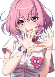  blue_hair blush breasts cleavage collar commentary_request earrings female heart heart_hands heart_on_chest highres idolmaster idolmaster_cinderella_girls jewelry large_breasts looking_at_viewer multicolored_hair oerba_yun_fang off_shoulder open_mouth pill_earrings pink_collar pink_eyes pink_hair ring sena_(mineruba) shirt short_hair simple_background skeleton_print solo t-shirt two-tone_hair upper_body wavy_mouth white_shirt yumemi_riamu 