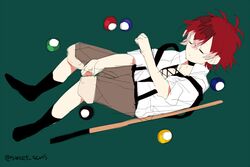  1boy billiards black_legwear closed_eyes diabolik_lovers full_body kiri_(qoo) lolicon male_focus red_hair sakamaki_ayato socks solo suspenders twitter_username younger 