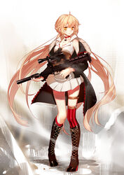  abstract_background assault_rifle asymmetrical_legwear black_coat black_footwear black_nails blonde_hair boots bra bra_peek braid brown_corset bullpup choker coat collared_shirt commentary corset cross-laced_clothes cross-laced_footwear female fingernails french_braid full_body fur-trimmed_coat fur_trim girls&#039;_frontline grey_background gun high_heel_boots high_heels highres holding holding_weapon knee_boots lace-up_boots long_hair long_sleeves looking_ahead multicolored_nails nail_polish open_clothes open_coat open_collar ots-14_(girls&#039;_frontline) ots-14_groza pleated_skirt popped_collar red_bra red_choker red_nails red_thighhighs rifle scope shirt single_thighhigh skirt sleeveless sleeveless_shirt solo spinel_(9057) standing star_(symbol) striped_clothes striped_thighhighs suppressor thighhighs twintails two-tone_thighhighs underwear uneven_legwear unzipped vertical-striped_clothes vertical-striped_thighhighs very_long_hair weapon white_background white_shirt white_skirt yellow_eyes 