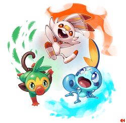  2019 ambiguous_gender buckteeth digital_media_(artwork) eigaka feral fur generation_8_pokemon grookey group hi_res lagomorph mammal nintendo pokemon pokemon_(species) primate reptile scalie scorbunny simple_background smile sobble starter_trio teeth white_body white_fur 