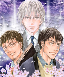  3boys black_hair blue_necktie brown_eyes brown_hair commentary_request flower glasses grey_eyes hayashida_takahashi looking_at_viewer male_focus multiple_boys necktie photoshop_(medium) sangatsu_no_lion shimada_kai_(sangatsu_no_lion) show.s souya_touji upper_body white_hair 