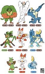  2019 abs black_eyes blue_eyes blush_stickers closed_mouth commentary english_commentary english_text evolution evolutionary_line fakemon full_body grookey highres holding kicking lanmana legs_apart monkey muscular no_humans orange_eyes pokemon pokemon_(creature) pose rabbit scorbunny simple_background smile sobble standing standing_on_one_leg starter_pokemon_trio text_focus white_background 