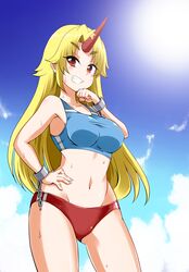  blonde_hair breasts brown_eyes buruma chains clenched_hand clenched_teeth cloud commentary_request cuffs eyebrows_visible_through_hair female gluteal_fold hand_on_hip horn hoshiguma_yuugi kousei_(public_planet) large_breasts long_hair midriff navel sky solo sports_bra star sun sweat teeth thick_eyebrows touhou 