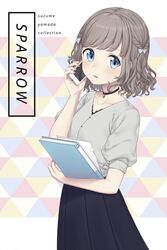  black_choker blue_eyes blue_skirt book bow braid cellphone character_name choker collarbone commentary_request cover cover_page doujin_cover female grey_hair grey_nails grey_shirt hairbow holding holding_book holding_phone indie_virtual_youtuber nail_polish parted_lips phone pleated_skirt shirt short_hair short_sleeves skirt smartphone solo talking_on_phone umeno virtual_youtuber yamada_suzume 