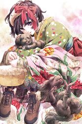  animal black_eyes black_hair blush bow brown_footwear canine commentary_request cross-laced_footwear female floral_print fujino_yuuki fur_hairband hair_ornament japanese_clothes kimono knees_to_chest looking_at_viewer original shoes short_hair sitting smile 