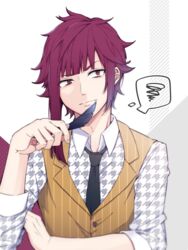  1boy a3! arisugawa_homare asymmetrical_hair bad_id bad_twitter_id feathers houndstooth looking_up male_focus multicolored_background necktie pinstripe_pattern purple_hair quill saccuv spoken_squiggle squiggle striped thinking waistcoat 