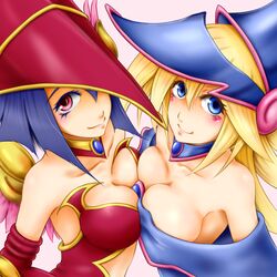  2girls apple_magician_girl bare_shoulders blonde_hair blue_hair blush breasts choker cleavage commentary_request dark_magician_girl detached_sleeves duel_monster elbow_gloves gloves hat large_breasts long_hair multiple_girls pentacle red_eyes smile usoutsuki wings wizard_hat yu-gi-oh! 