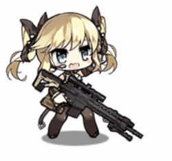  :d animated animated ar-10 arm_up battle_rifle bikini black_ribbon blonde_hair blue_eyes blush chibi closed_eyes detached_collar female full_body girls&#039;_frontline gun hair_ribbon hand_up headset holding holding_gun holding_weapon jacket larue_tactical_obr lowres obr_(girls&#039;_frontline) official_art open_clothes open_jacket open_mouth opening_eyes ribbon rifle saru scope shorts sidelocks simple_background smile solo swimsuit twintails weapon 