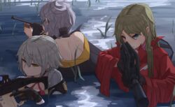  3girls assault_rifle blue_eyes bullpup commentary_request drum_magazine famas famas_(girls&#039;_frontline) girls&#039;_frontline green_hair gun highres holding holding_gun holding_weapon kriss_vector magazine_(weapon) military_operator multiple_girls partially_submerged purple_hair rifle rlin submachine_gun thompson_(girls&#039;_frontline) thompson_submachine_gun trigger_discipline vector_(girls&#039;_frontline) water weapon wetland white_hair yellow_eyes 