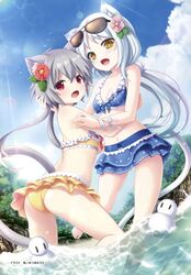  2girls :d absurdres amayui_castle_meister animal_ears ass barefoot beach bikini bikini_skirt blue_bikini blue_sky breasts cat_ears cat_tail cleavage cloud collarbone day eyewear_on_head floating_hair flower from_below grey_hair hair_flower hair_ornament highres layered_bikini lens_flare long_hair looking_at_viewer multiple_girls navel oerba_yun_fang open_mouth outdoors ponytail purple_flower red_eyes red_flower ribbon short_hair_with_long_locks sky small_breasts smile sunglasses swimsuit tail very_long_hair wading white_hair white_ribbon wrist_ribbon yano_mitsuki_(nanairo) yellow_bikini yellow_eyes 