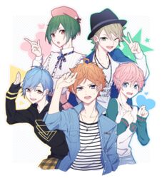  5boys a3! bad_id bad_twitter_id beret blue_eyes blue_hair green_eyes green_hair hat heart highres hood ikaruga_misumi jacket jewelry miyoshi_kazunari mole mole_under_eye multiple_boys necklace open_clothes open_jacket orange_eyes orange_hair patterned_background pink_hair red_eyes rurikawa_yuki saccuv sakisaka_muku salute shirt star_(symbol) striped_clothes striped_shirt sumeragi_tenma triangle upper_body 