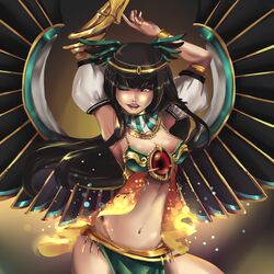  ;) absurdres alternate_costume armpits arms_up black_hair breasts circlet cleavage commentary_request dancer dancing egyptian egyptian_clothes eyeshadow female gauntlets hannah_santos harem_outfit head_wings highres hime_cut jewelry large_wings lips loincloth long_hair looking_at_viewer makeup medium_breasts midriff narrow_waist navel one_eye_closed reiuji_utsuho revealing_clothes ring see-through single_gauntlet smile symbol-shaped_pupils thumb_ring touhou wings yellow_eyes 